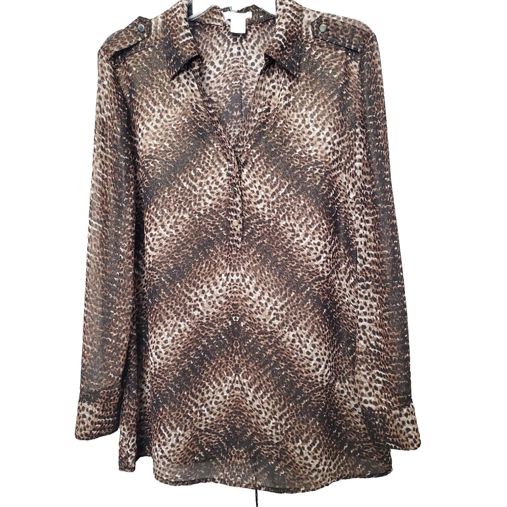 Cache Sheer Cheetah Print Long Sleeve Henley Neck… - image 1